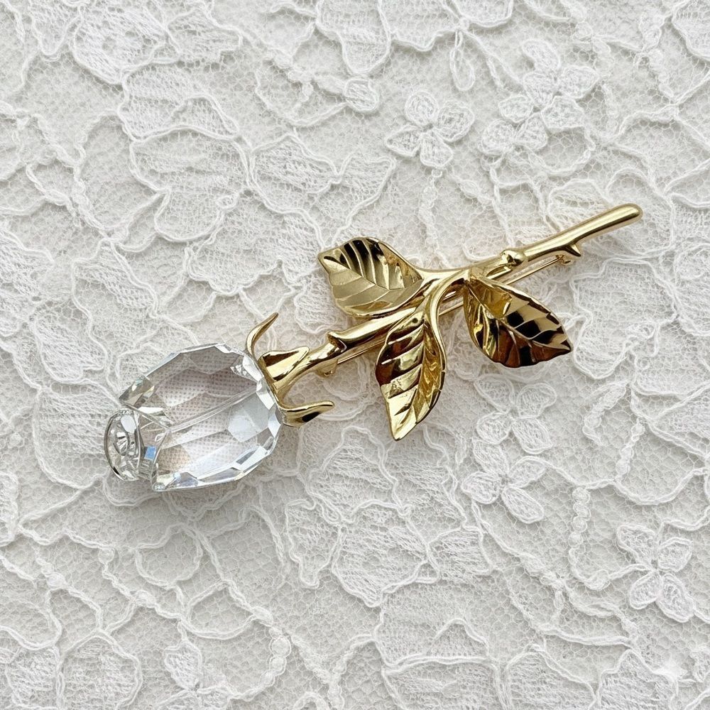Vintage Swarovski Crystal Memories Gold Tone Large Rose Brooch Pin